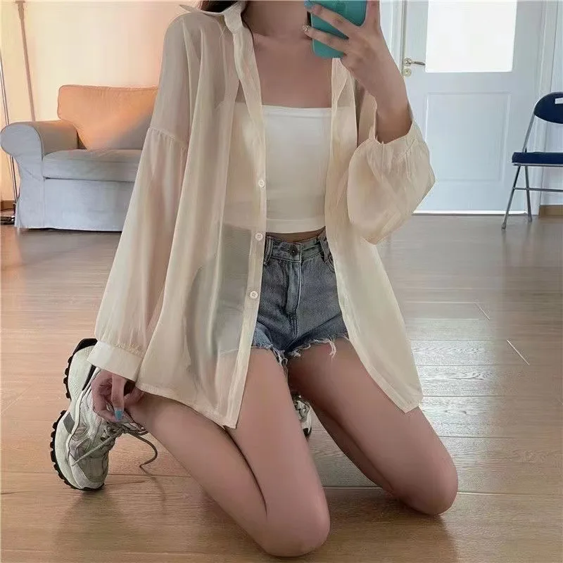 Summer Chiffon Long Sleeve Shirts Women Ultar-Thin Sun Protection Breathable Translucent Shirts Sexy Fashion Loose Outwear