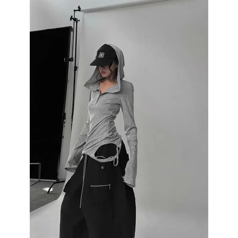

Gothic Y2k Aesthetic Hooded T-shirt Women Grunge Longsleeve Vintage Harajuku Punk Button Spring Tshirt Streetwear Slim Tees Tops