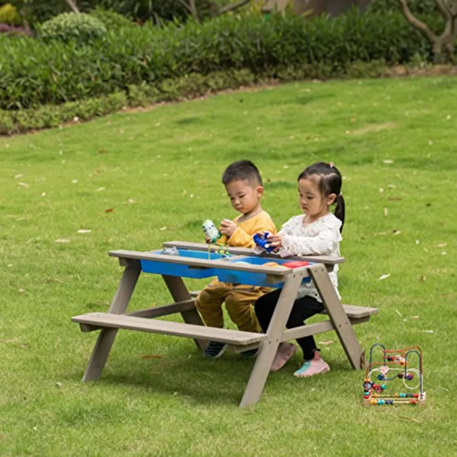Picnic Play Table, Sandbox Table with Umbrella Hole and 2 Play Boxes with Removable Top, Plastic, Blue, UV-Resistant and Easy-C