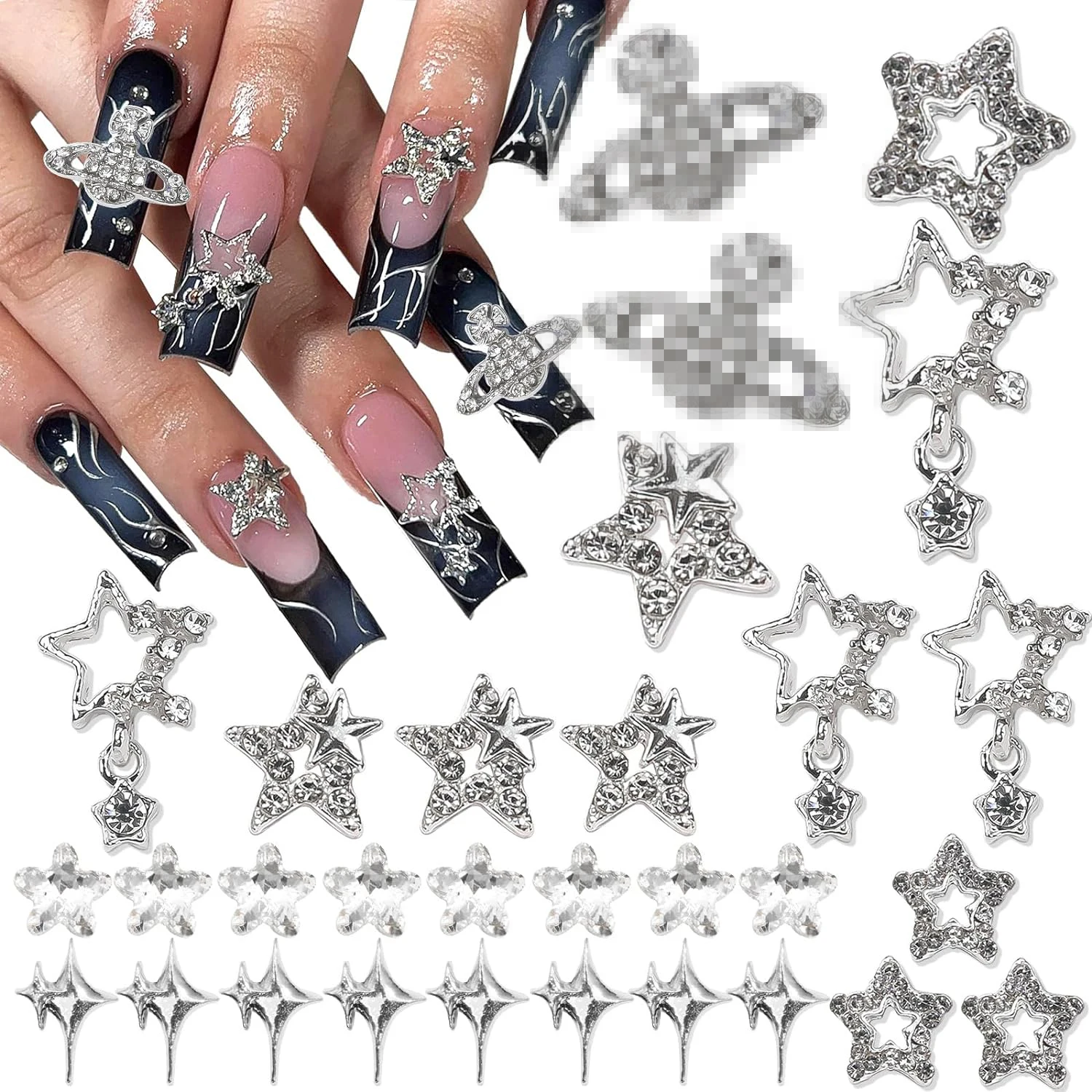 30PCS Silver Star Nail Charms 3D Planet Nail Art Charms Rhinestone Shiny Starlight Nail Jewelry Gems