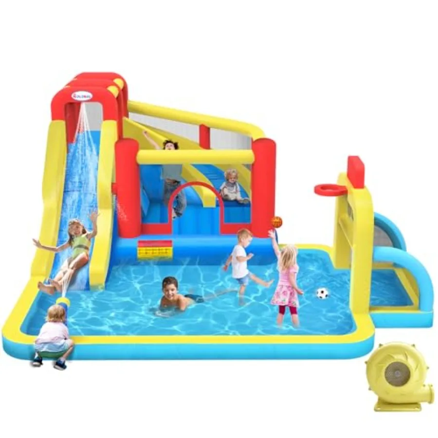 Backyard inflatable bounce house water slide combo, PVC material, blue and yellow, 16.4ft x 14.6ft with climbing wall, basketba