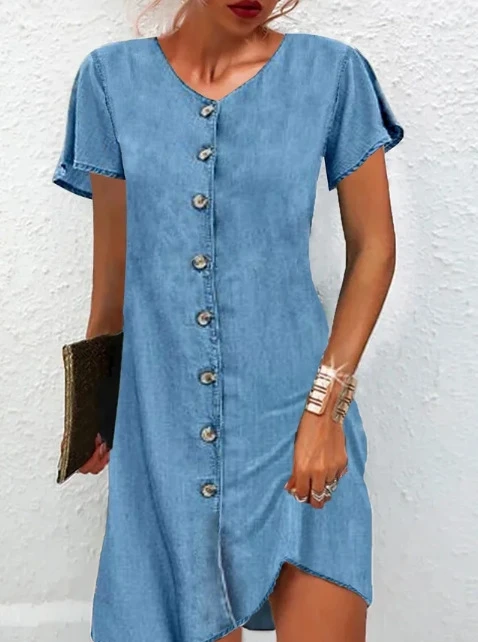 

Women Denim Dress for Spring/summer 2024 Latest Street Trendsetter Comfortable V-Shaped Collar Short Sleeved Media Length Skirt