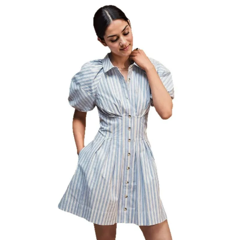 Amazon zacht reversoverhemd, gestreepte minirok met enkele rij knopen, zomer Europese stijl, elegante grensoverschrijdende dameskleding