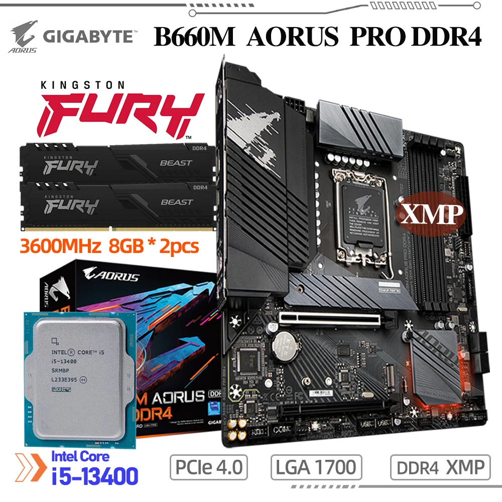 

Материнская плата LGA 1700 Intel Core i5 13400, комбинированная материнская плата DDR4 GIGABYTE B660M AORUS PRO + D4 Kingston 3200 МГц 8 ГБ * 2 шт., оперативная память PCIE 4,0