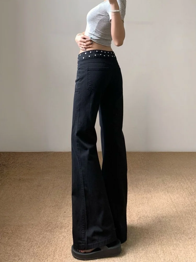 2026 Ropa Y2K Fashion Rivet Design Black Slim Flare Women's Jeans Pants For Woman Clothing Low Rise Long Trousers Pantalon Femme