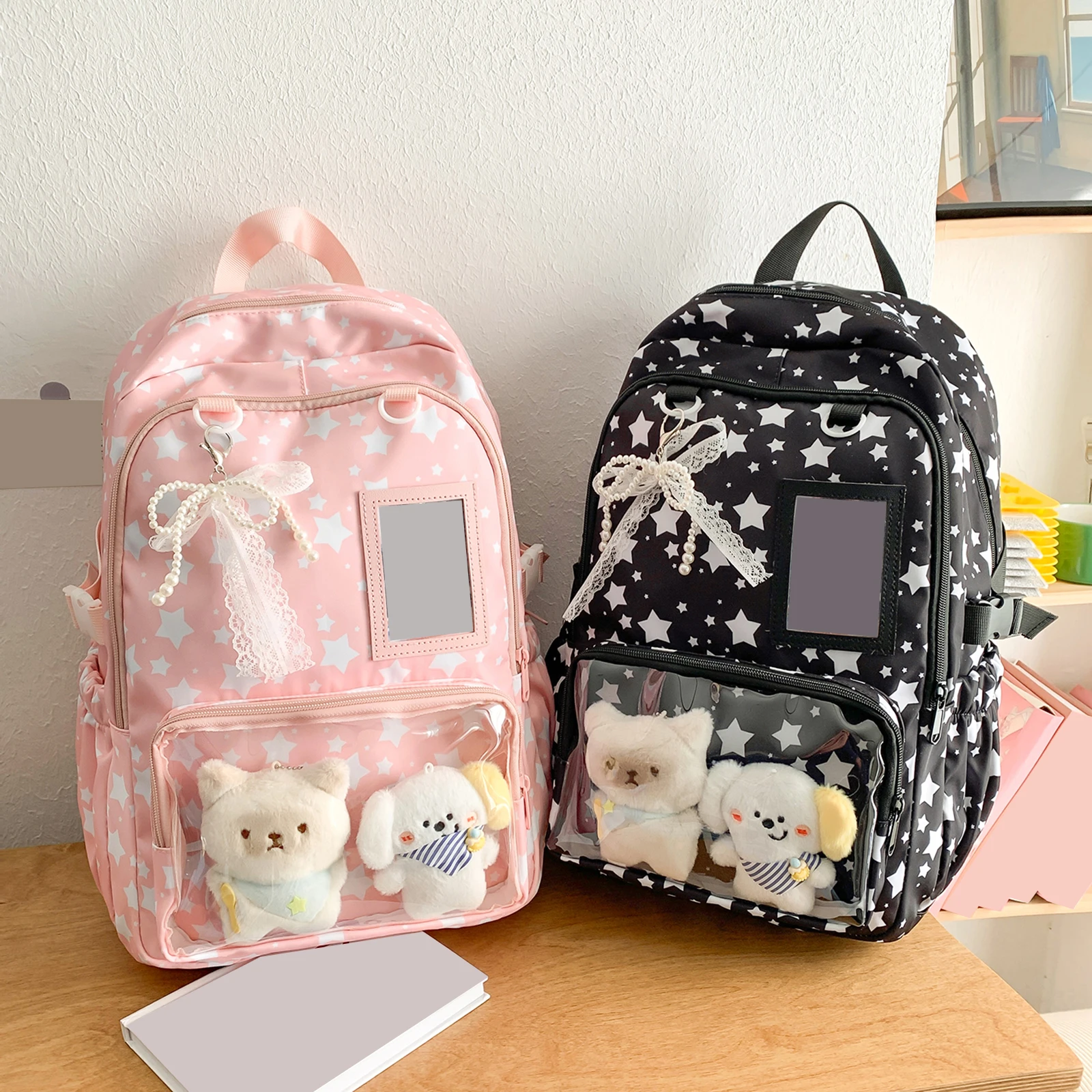 Women Nylon Star Y2k Harajuku Backpack Large Capacity Pin Display Ribbon Ita Bag Adjustable Strap for Shopping Work Dating Use