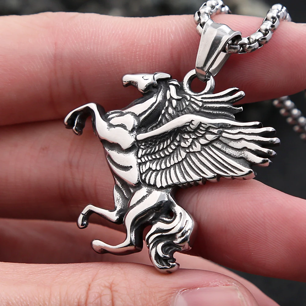 Punk Vintage Pegasus Unicorn Pendant Necklace For Men 316L Stainless Steel Greek Mythology Pegasus Wings Necklaces Jewelry Gifts