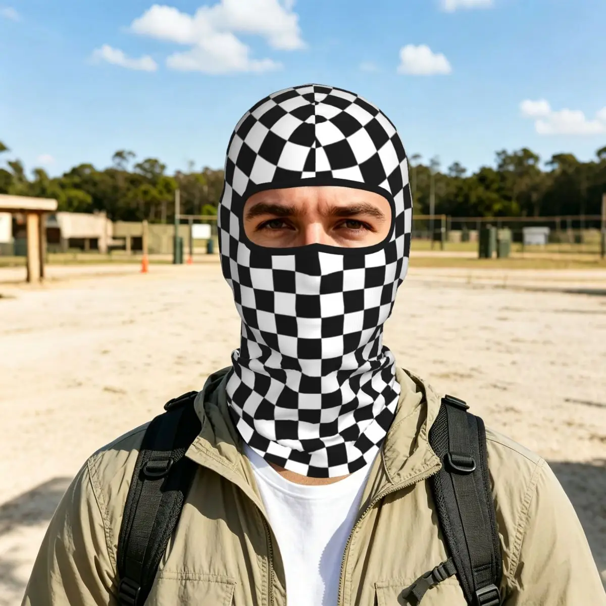 Black And White Checkered Breathable Thin Balaclava Full Face Mask Sun Protection Neck Gaiter For Motorcycle Cycling Outdoor