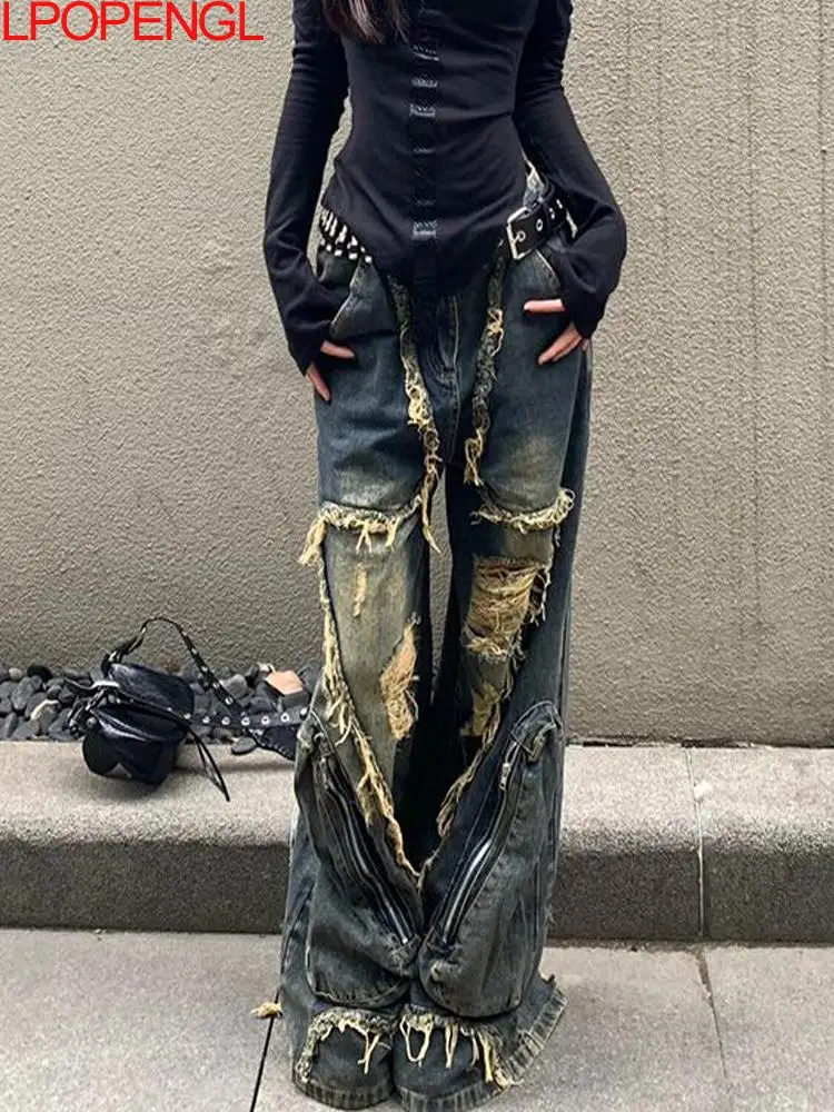 

2026 American Style Fringed Ripped Loose Jeans Women Spring And Summer Vintage Large Pocket High Street Straight Wide Leg Pants