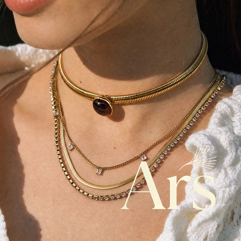 Ars 18k Gold Plated Thick Collar Necklace Stainless Steel Chunky Choker Necklace Women's Waterproof Oval Resin Pendant Necklaces