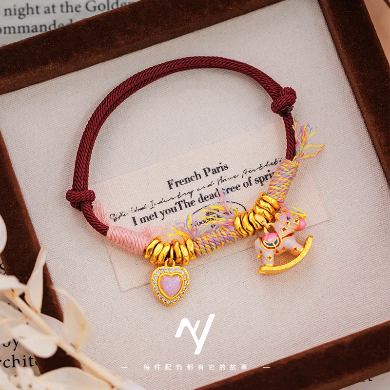 Women's 9999 24K Real Gold Enamel Little Pony Love Tibetan Red String Bracelet 2026 Zodiac Horse Bracelet Gift