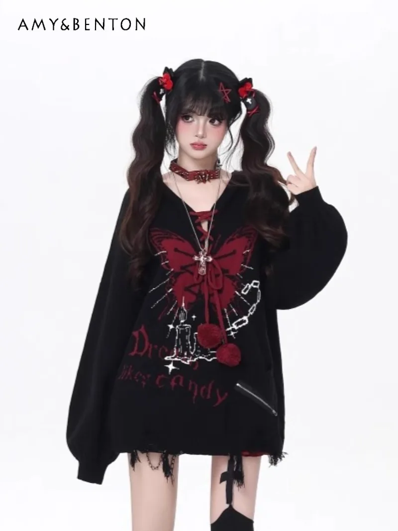 

Свободный свитер с рукавами-фонариками в стиле Харадзюку и v-образным вырезом в стиле Харадзюку, осень-зима, женский свитер большого размера в стиле панк