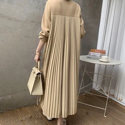 Fashion Woman Dresses Korean Oversize Dress Patchwork Long Sleeve Pleated Vintage Femme Robe Solid New