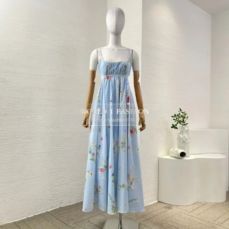 Baumwolle, hochwertig, 2025, blau, elegant, Blumendruck, Sommer, ärmellos, Spaghetti-Schleife,