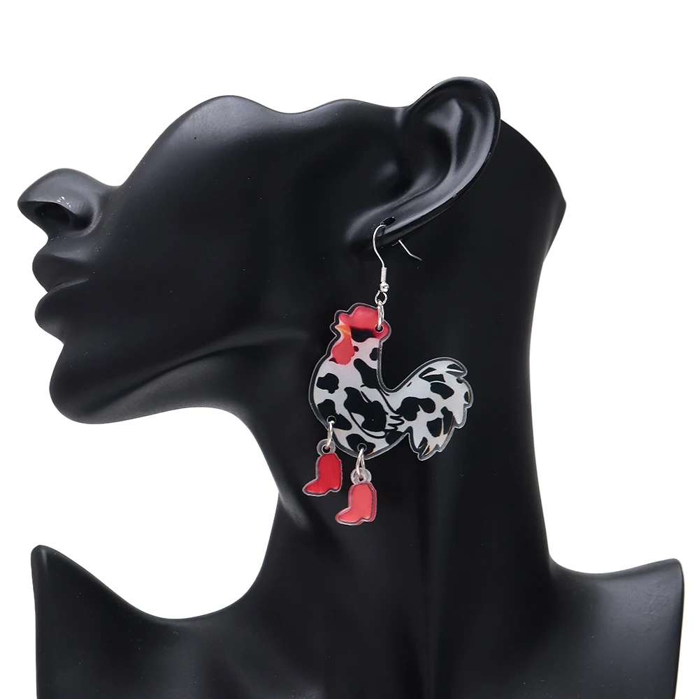 Novelty Cow Pattern Chicken Earrings Acrylic Rooster With Cowboy Hat Red Boots Drop Earrings Funny Animal Statement Jewelry