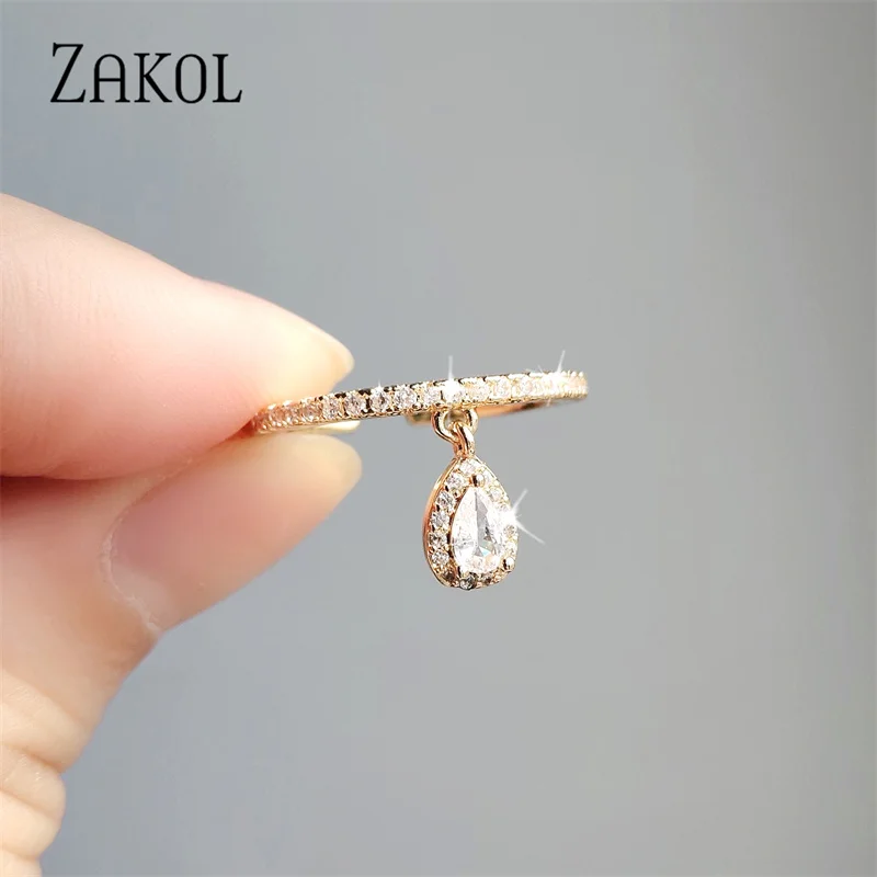 ZAKOL Fashion Water Drop Cubic Zirconia Engagement Rings for Women Adjustable Ring Accessories R2330