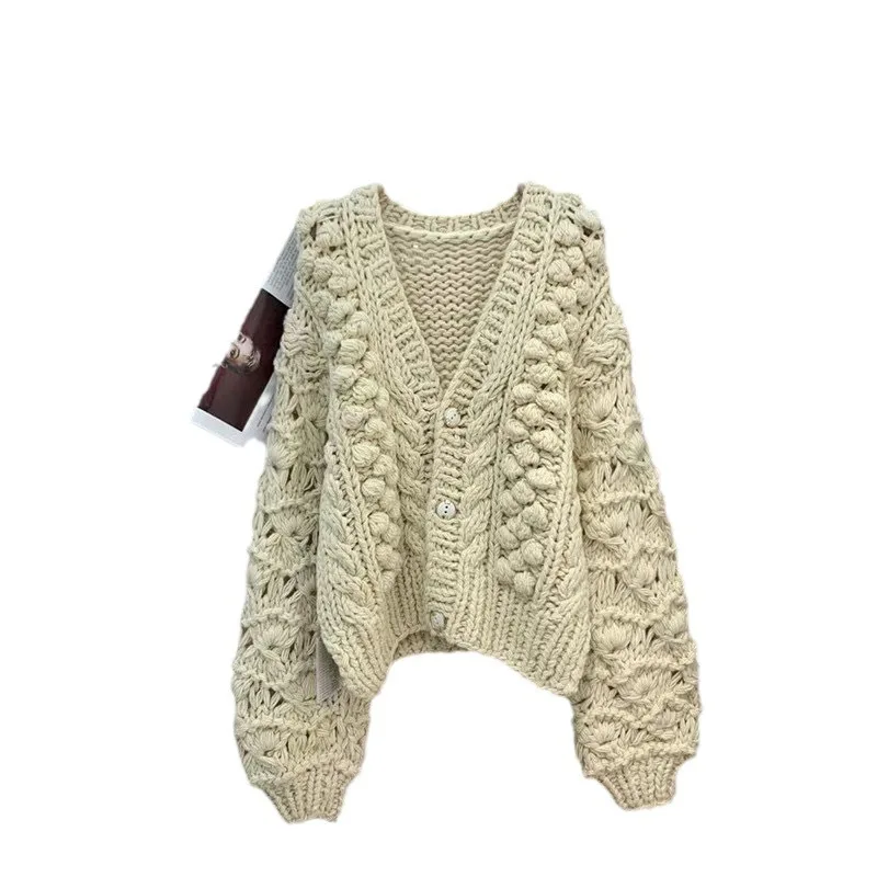 New Winter Product Elegant Heavy Industry Hollow out Pure Handmade Coarse Rod Needle Thick Style Lazy Style cardigan Coat