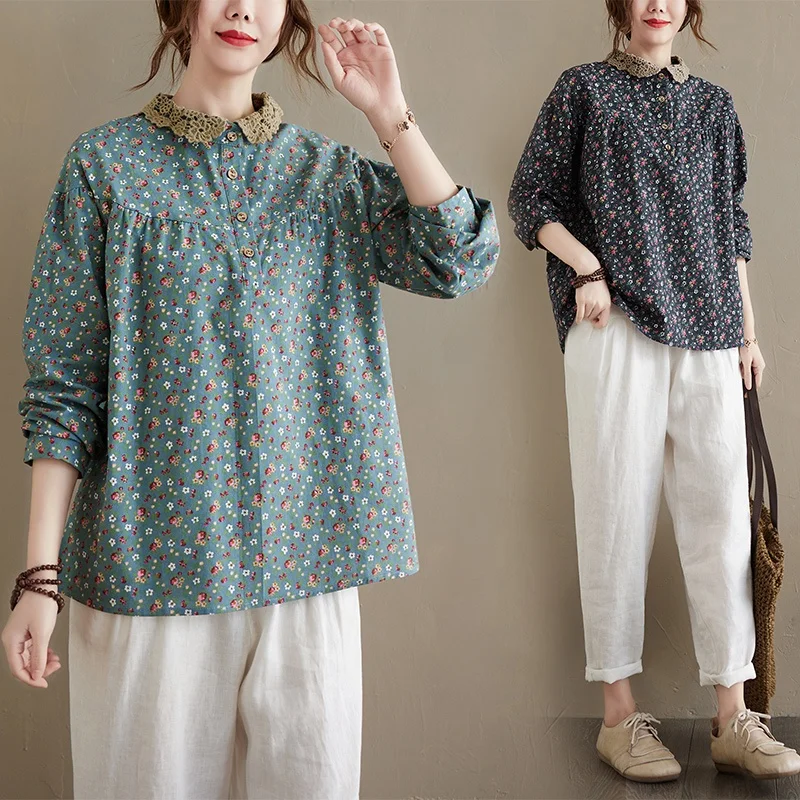 

Весенний хлопок и лен с цветочным принтом irt Long Sve Doll Collar under irt Большие размеры Женская одежда Льняной топ с цветочным принтом