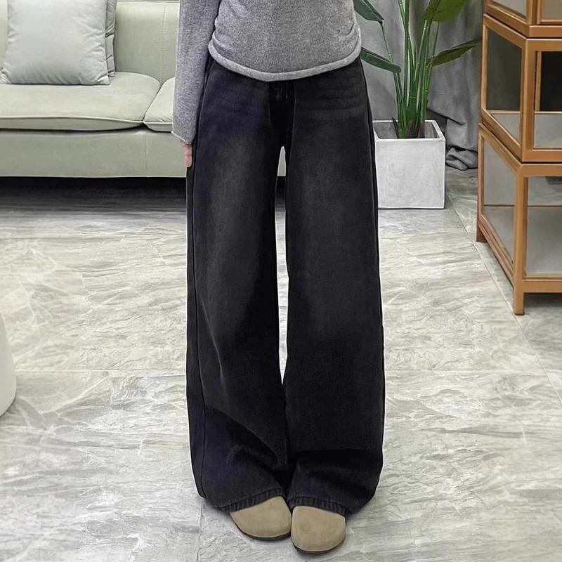 Retro Black Gray Wide Leg Jeans Women Spring Autumn Style High Waist Slimming Loose Straight Leg Draped Floor Length Pants WJ663