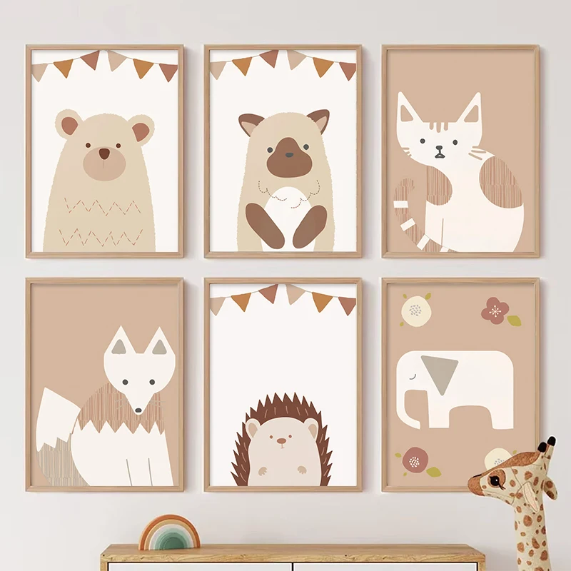 

Apricot Cartoon Animals Fox Elephant Hedgehog Cat Wall Art Scandinavian Canvas Painting Home Decor Alphabet Wall Poster