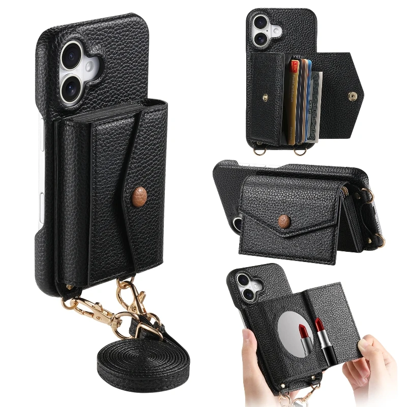 

Built-In Mirror Leather Card Wallet Case For iPhone 16 15 Pro Max 14 13 12 11 SE XR Xs Max 6 7 8 Plus Adjustable Shoulder Strap