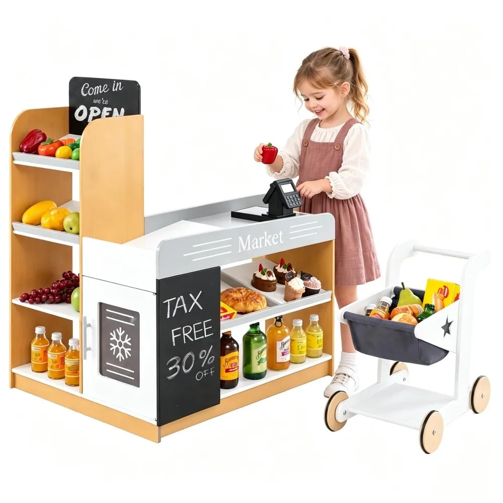 Kids Grocery Store Playset Wooden Play Store w/Shopping Cart Chalkboards Refrigerator & Display Shelves Grocery Store