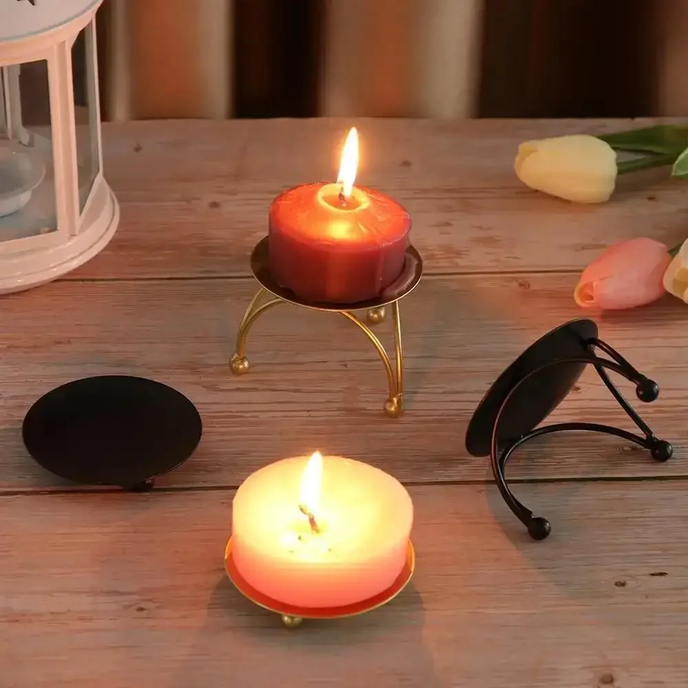 1PC Vintage Black Gold Round Plate Candlestick Wrought Iron Craft Candelabra Wedding Festival Party Candle Holder Supplies