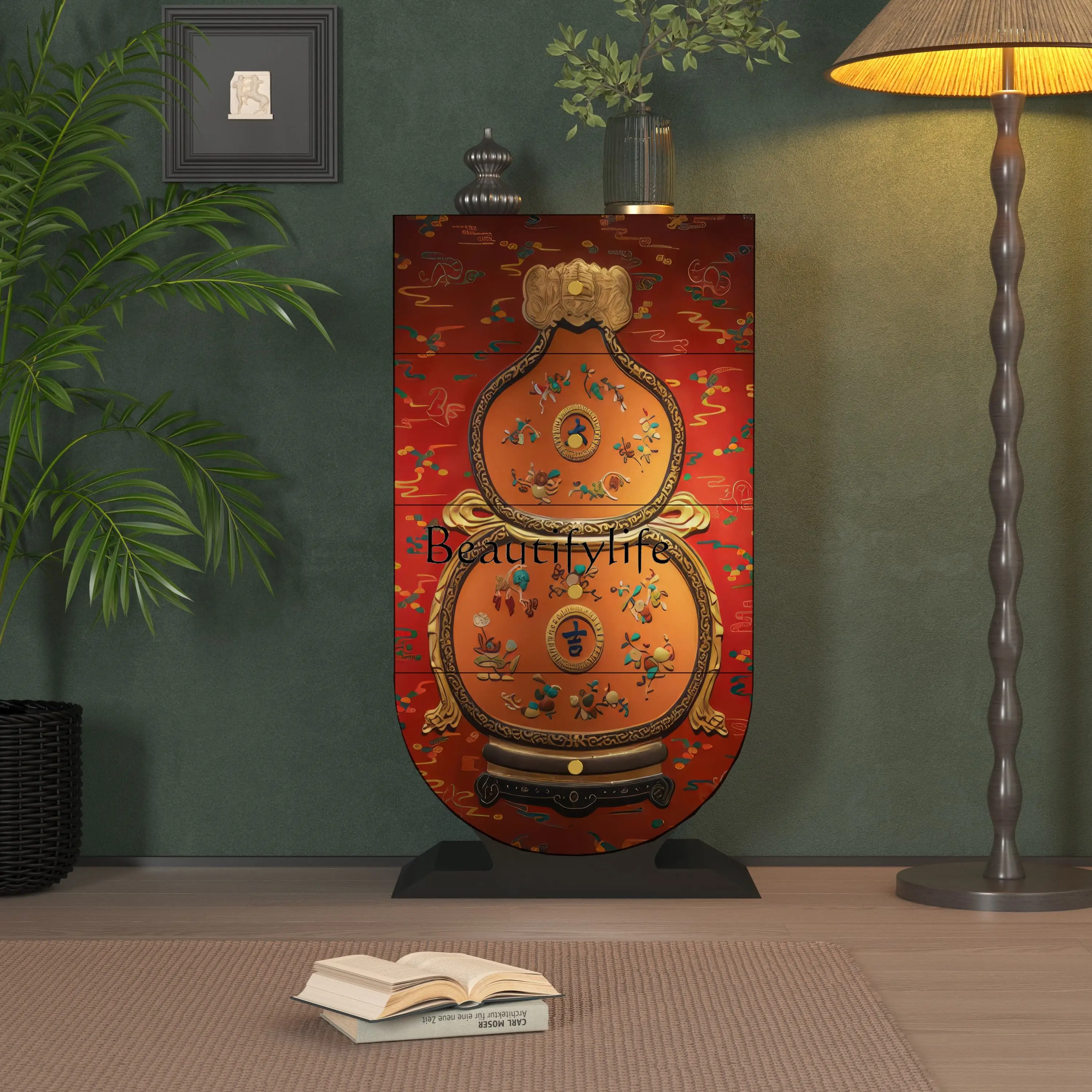 

French gourd painted solid wood four-chest cabinet living room homestay wall storage cabinet