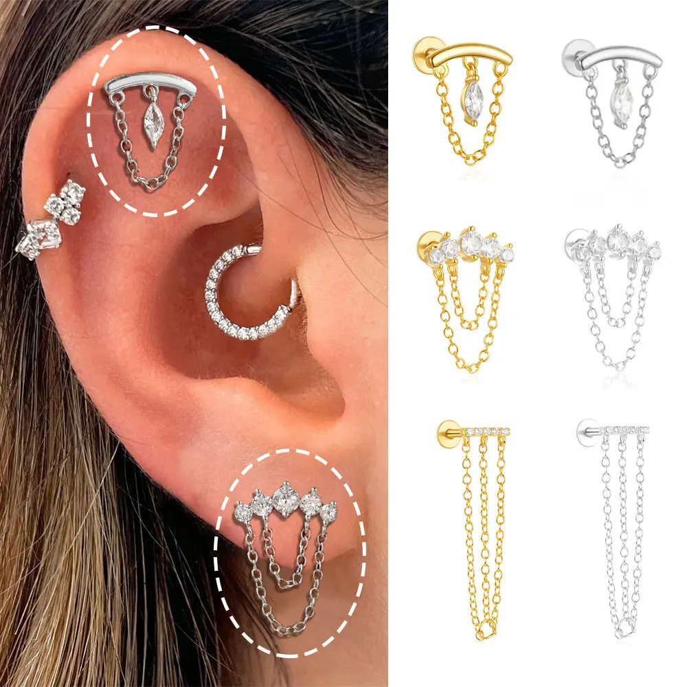 1pc CZ Zircon Drop Piercing Earring Helix Flat Lobe Waterdrop Pendant Tassels Chain Floating Earring Cartilage Piercing Jewelry