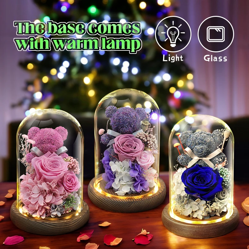 

Romantic Led Preserved Rose Teddy Bear Flower Bouquet With Glass Dome Multicolored Birthday Valentine'S Gift Girlfriend For Mom