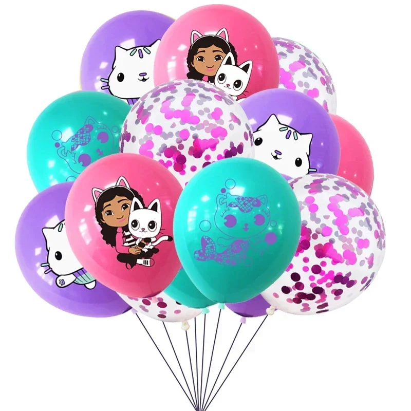 10/15pcs 12 Inch Gabby Dollhouse Cat Latex Sequin Balloon Set Baby Shower Party Balloon Decoration Girl Birthday Party Supplies