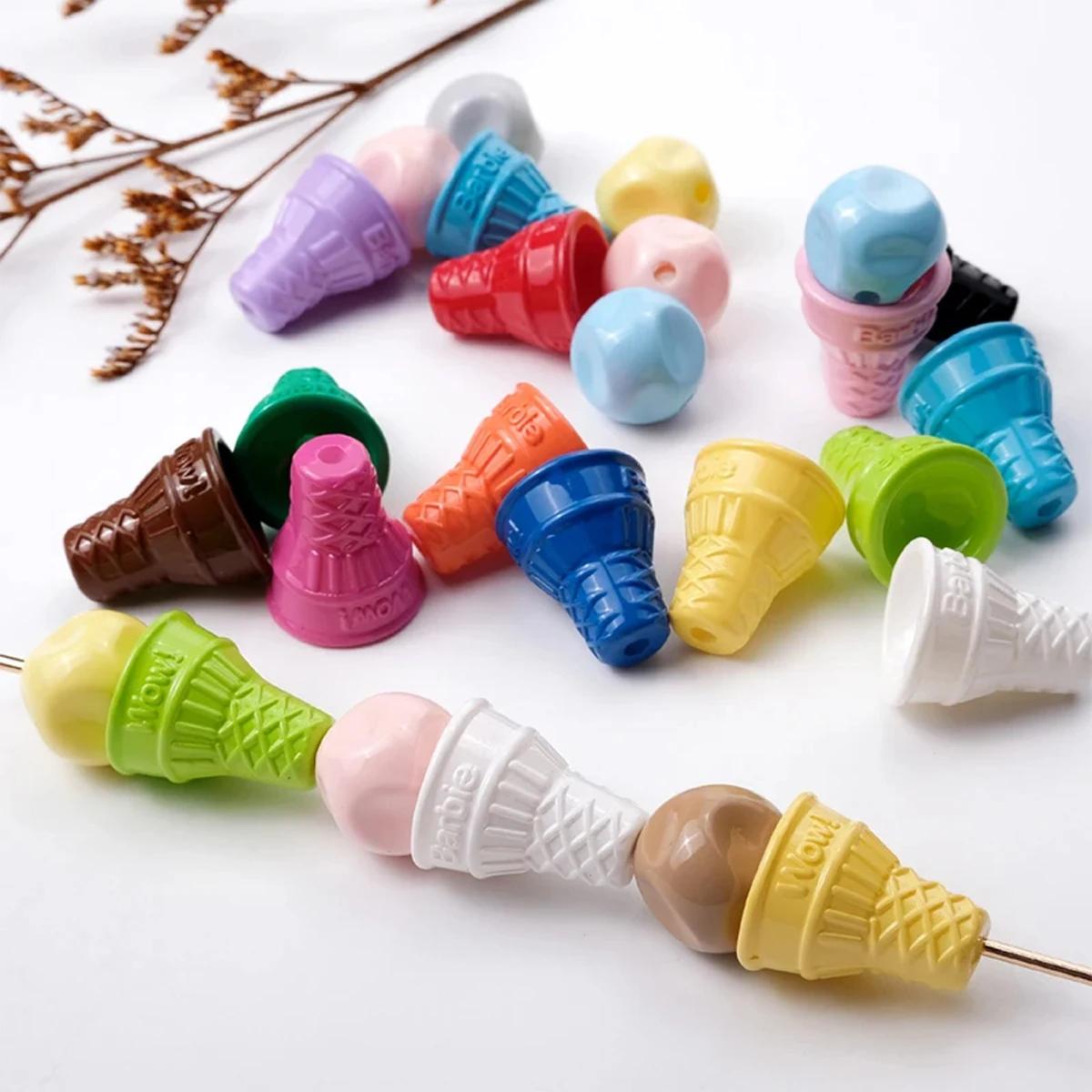 10pcs acrylic 17mm mixed color conical baking paint ice cream cone perforated beading Make DIY beaded pen accessories