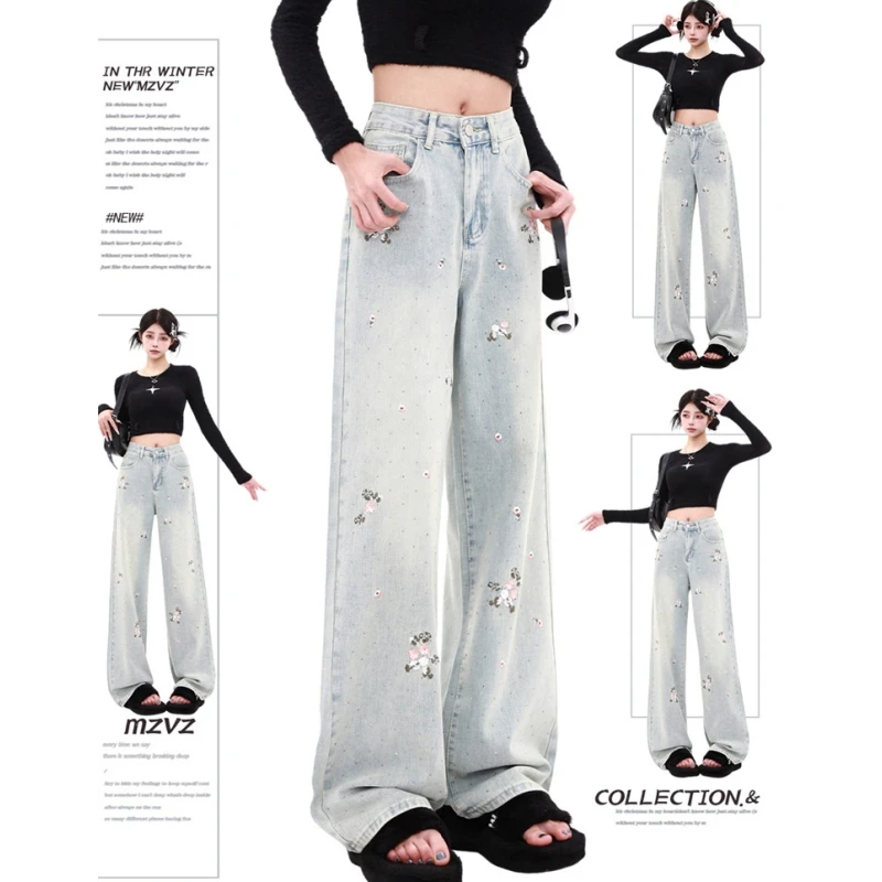 

Blue Womens Jeans Embroidery High Waist Straight Baggy Denim Pants Europe and America Fashion Y2K Female Wide Leg Denim Trouser