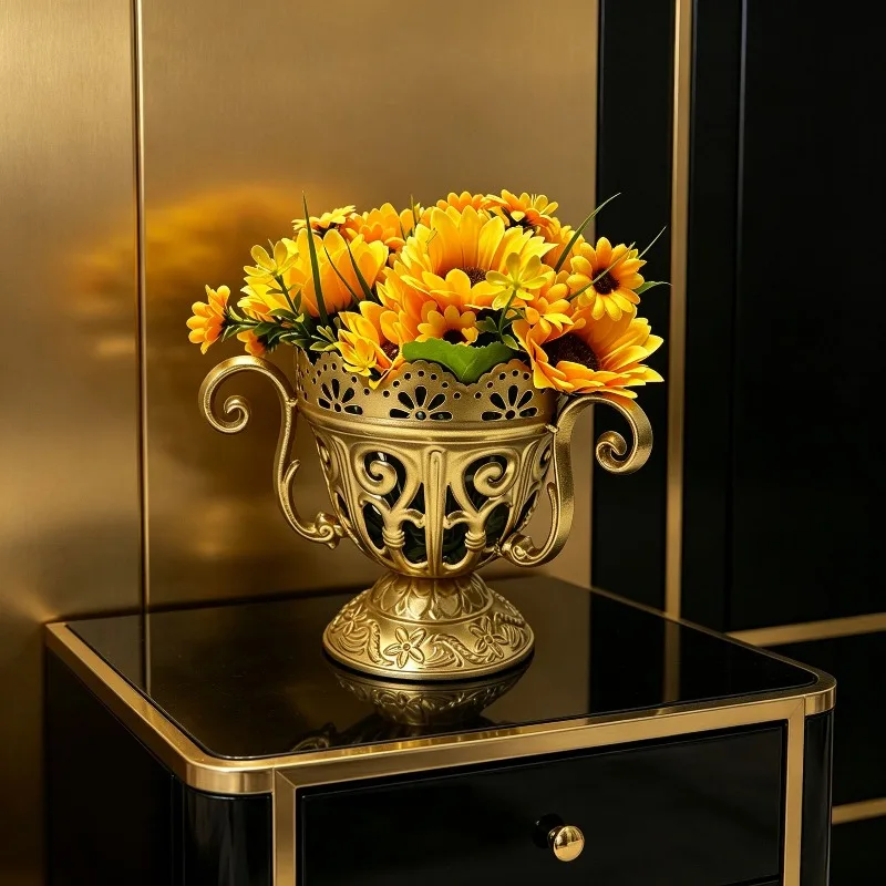 Light luxury sunflower artificial vase, gold wrought iron carved high-end living room entryway decoration flagship ornament