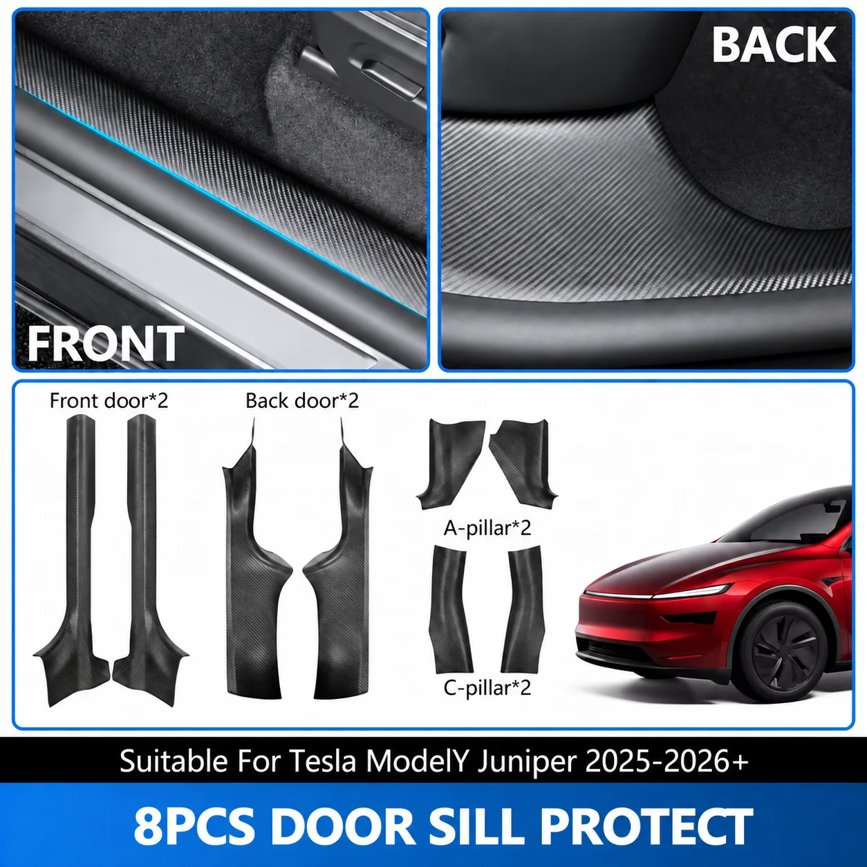 8PCS Door Sill Protectors for Tesla Model Y Juniper 2025 2026 ABS Carbon Fiber Style Threshold Covers Anti-Scratch Trim Accessor