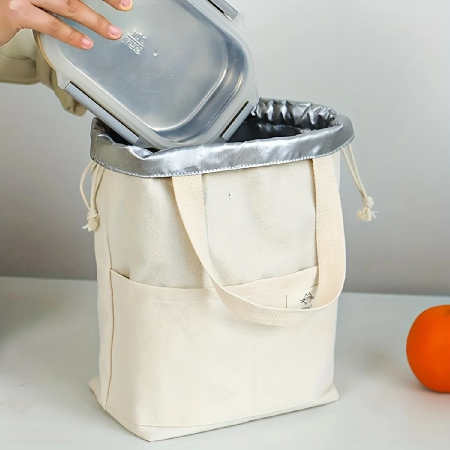 Bolsa de almuerzo ligera beige con cordón para mujer, elegante y versátil para oficina, picnics y viajes, compacta, segura y duradera