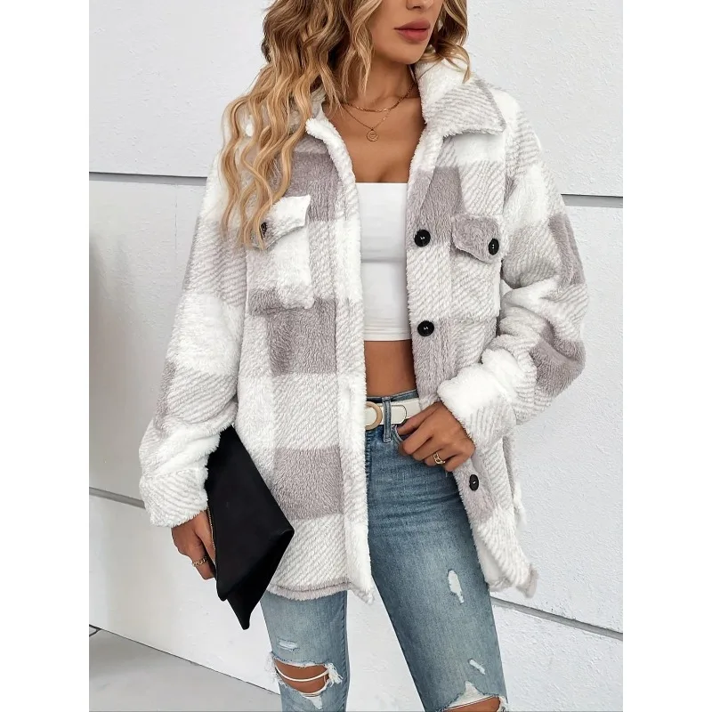 

Plus Size Women Fashion Plaid Velvet Hooded Drawstring Warm Coat Ladies Casual Fall & Winter Long Sleeved Open Front Outerwear