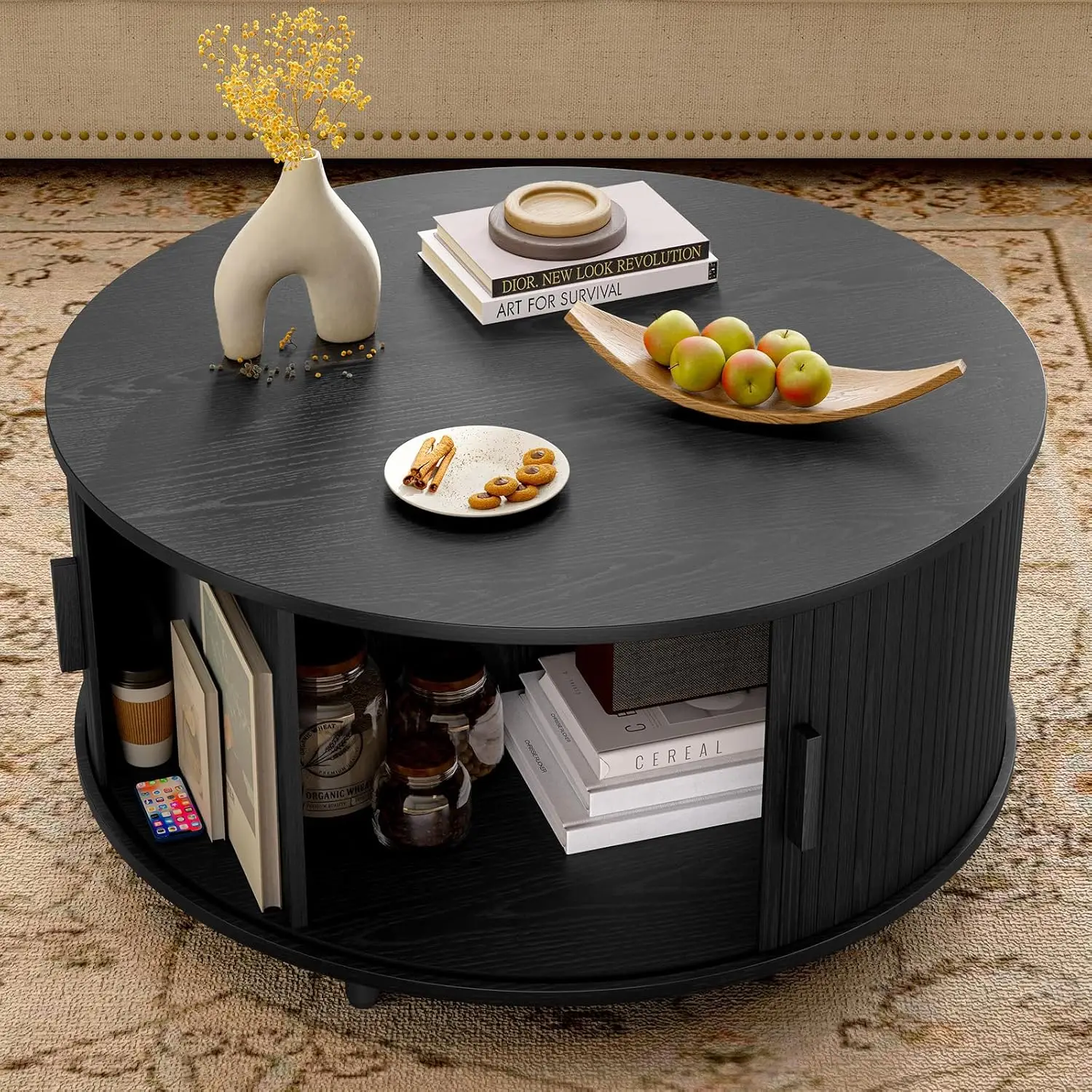 Mesa de centro redonda de 31,5 polegadas, mesa de centro moderna de meados do século com armazenamento, mesa de centro canelada com ajustável