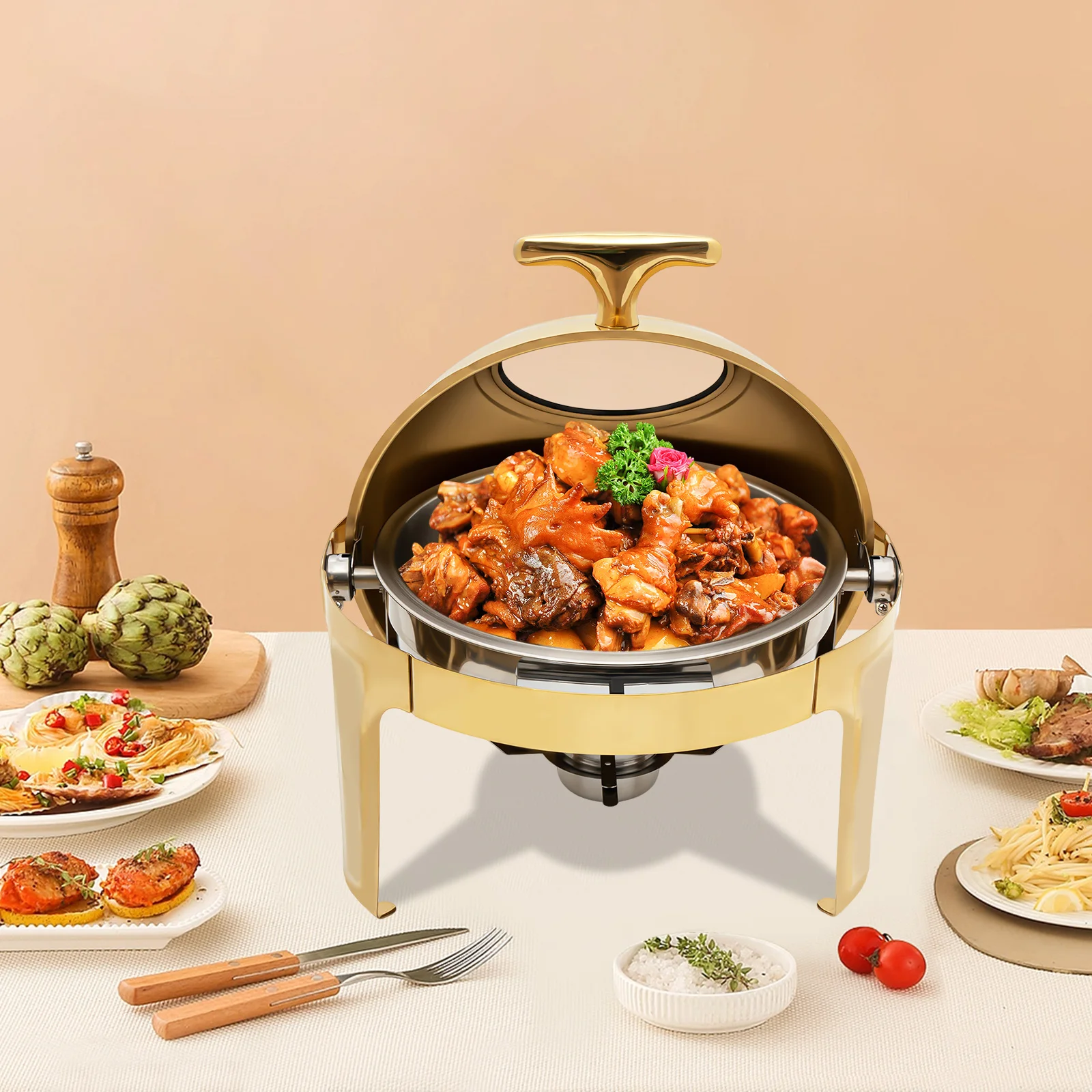

6L Round Chafing Dish 201 Stainless Steel Buffet Food Warmer 90°180° Opening Visible PC Lid Tabletop Food Heating Container for Party Banquet Wedding
