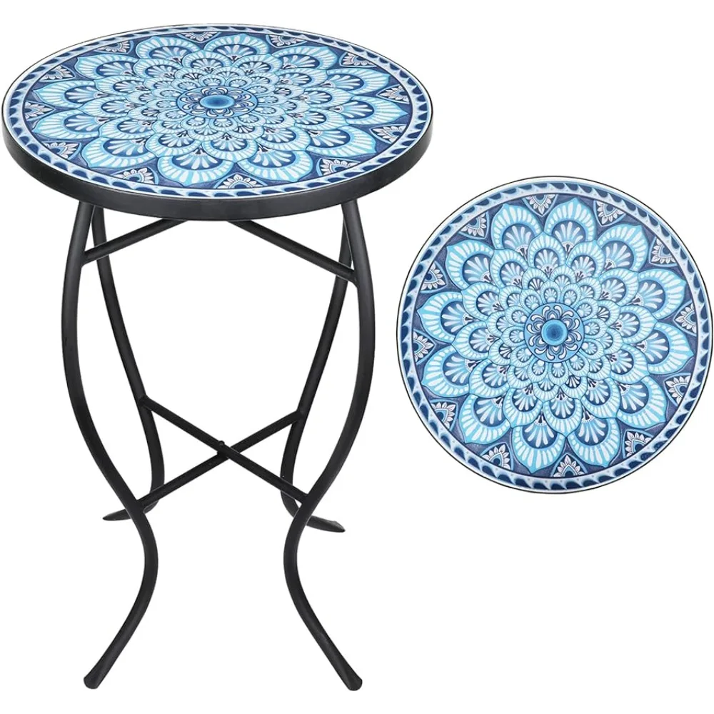 Vipush Outdoor Mosaic Side Table,14'' Round Small Patio Bistro Accent Table End Table Black Iron Plant Stand Garden,Dark Blue