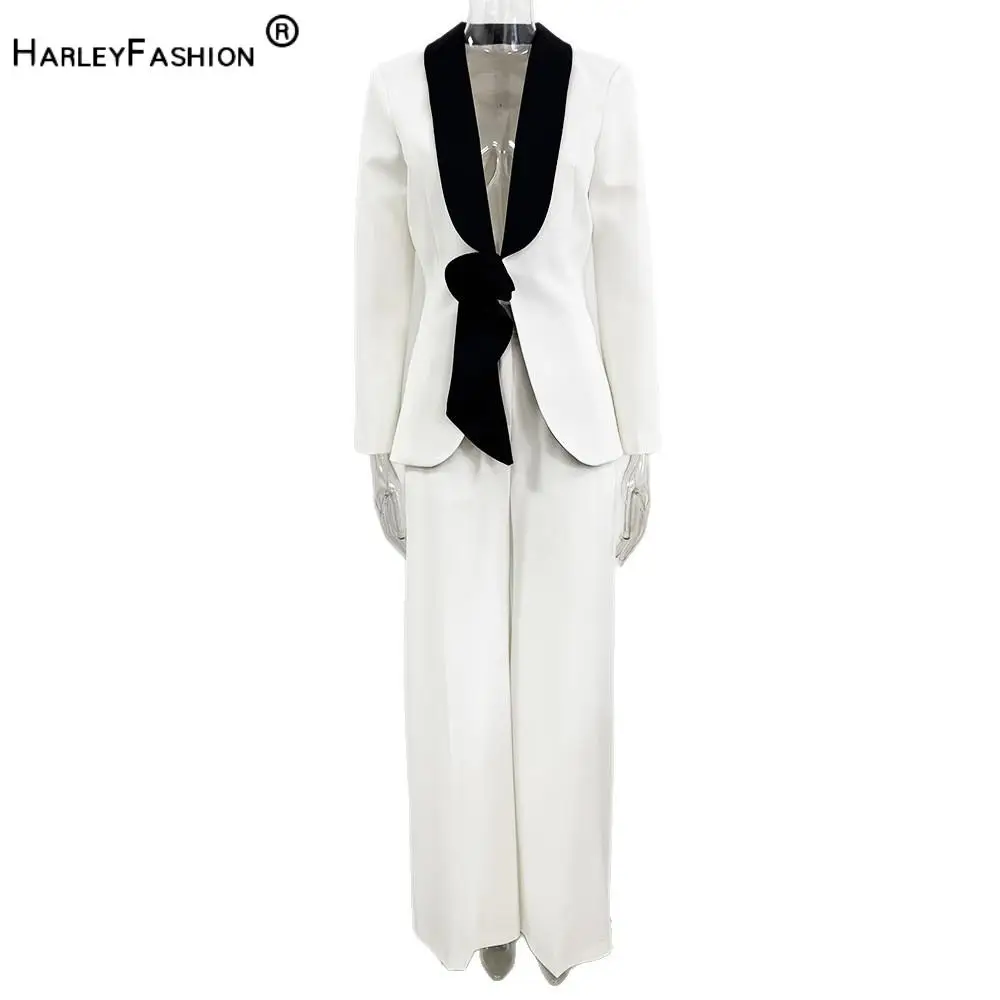 Lady European Style Office Fashion Wear Patchwork Shawl Collar Long Sleeve Solid Flower Blazer Wide Legs Pants Women  Solid 2Pcs