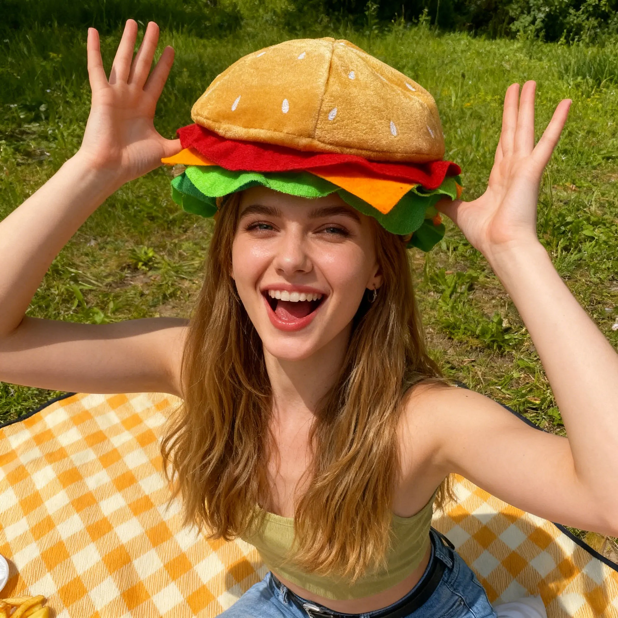 Lindo juego de 4 piezas de gorro de comida novedoso: hamburguesa, patatas fritas, pizza y baqueta para fiestas, ropa casual y regalos