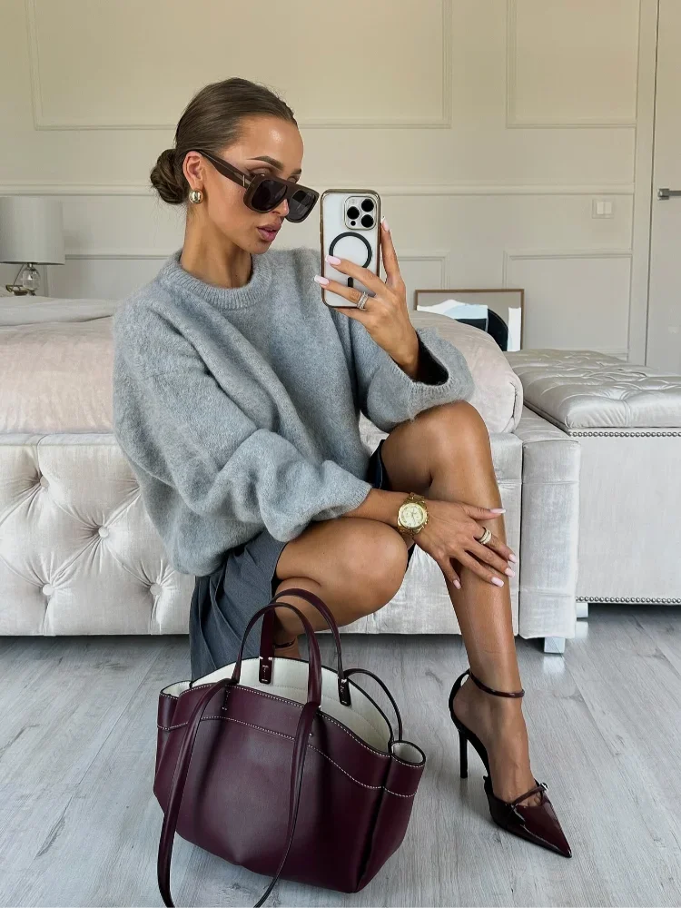 Oversize Mohair Knitted Long Sleeved Pullover Women Grey Round Neck Loose Sweater Tops 2024 Autumn High Street Jumpers