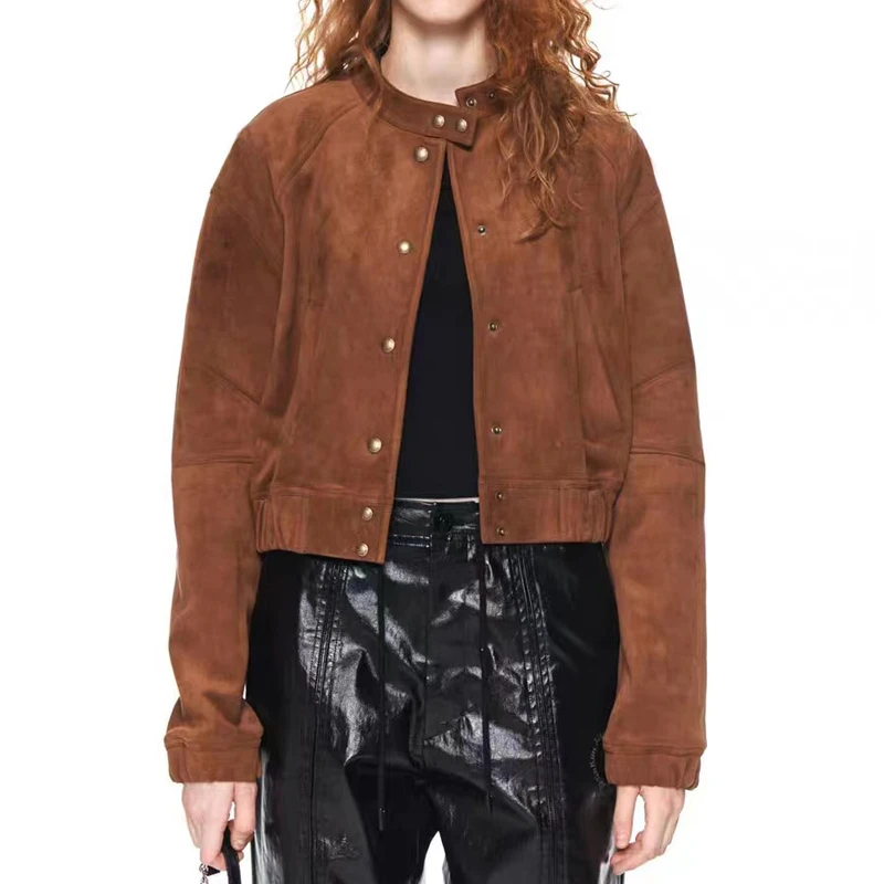 Chaqueta de ante de cabra importada para mujer, cuello de pie, versátil, adelgazante, cintura elástica, abrigo de cuero, Bomber, 2024