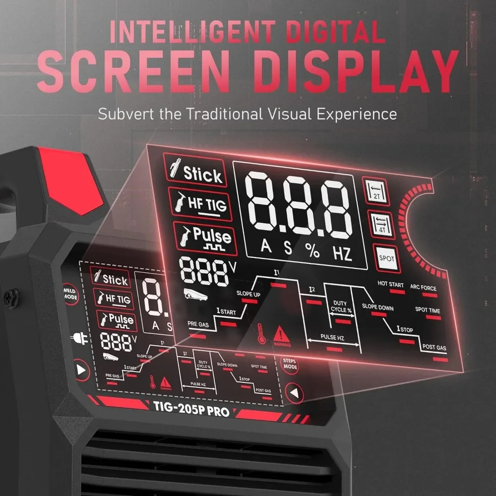 TIG Welder with Pulse 205Amp Large LED Display, STICK/DC TIG/PULSE TIG 3 in 1, 110&220V Dual Voltage