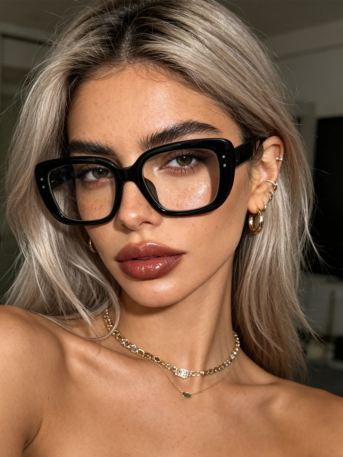 1Pc High-End Glossy Black Square Frame Non-Prescription Glasses, Niche Minimalist Style, Enhances Cheekbones, Unisex