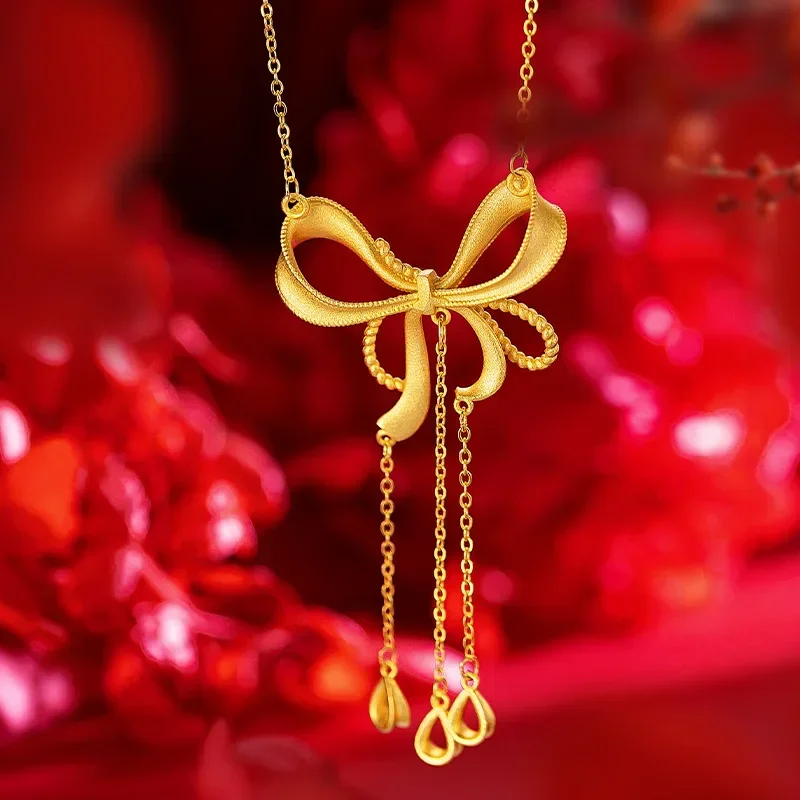 

9999 Real Gold 24K Princess on the Run Bow Necklace Niche Bow Tassel Clavicle Necklace