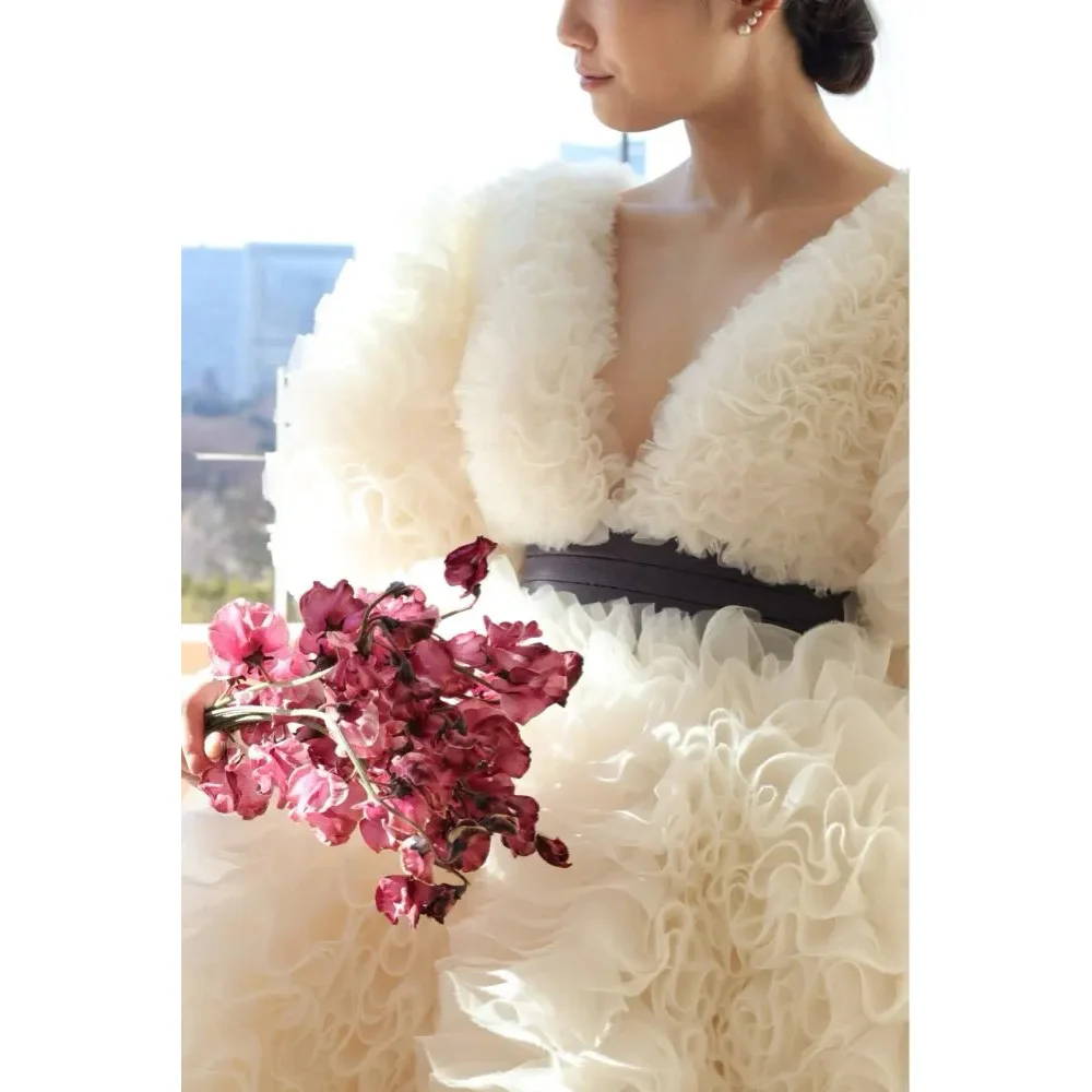 High Couture Wedding Jacket Lush Mesh Women Coat Belt Sash Prom Gown Ivory Custom Made Ruffles Tulle Party Dresses with Sleeves