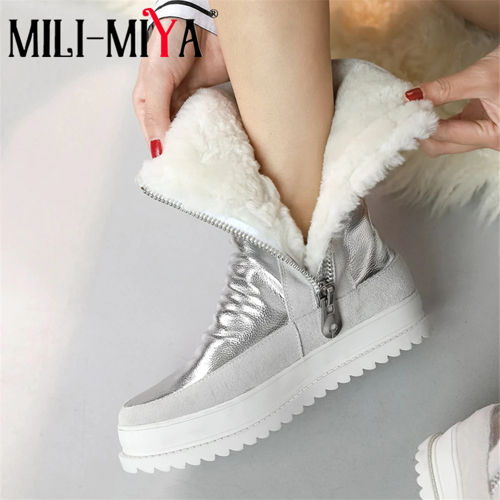 MILI-MIYA New Arrival Concise Design Women Cow Suede&Warm Fur Mid Calf Snow Boots Flat Heels Solid Color Plus Size 34-43 Winter