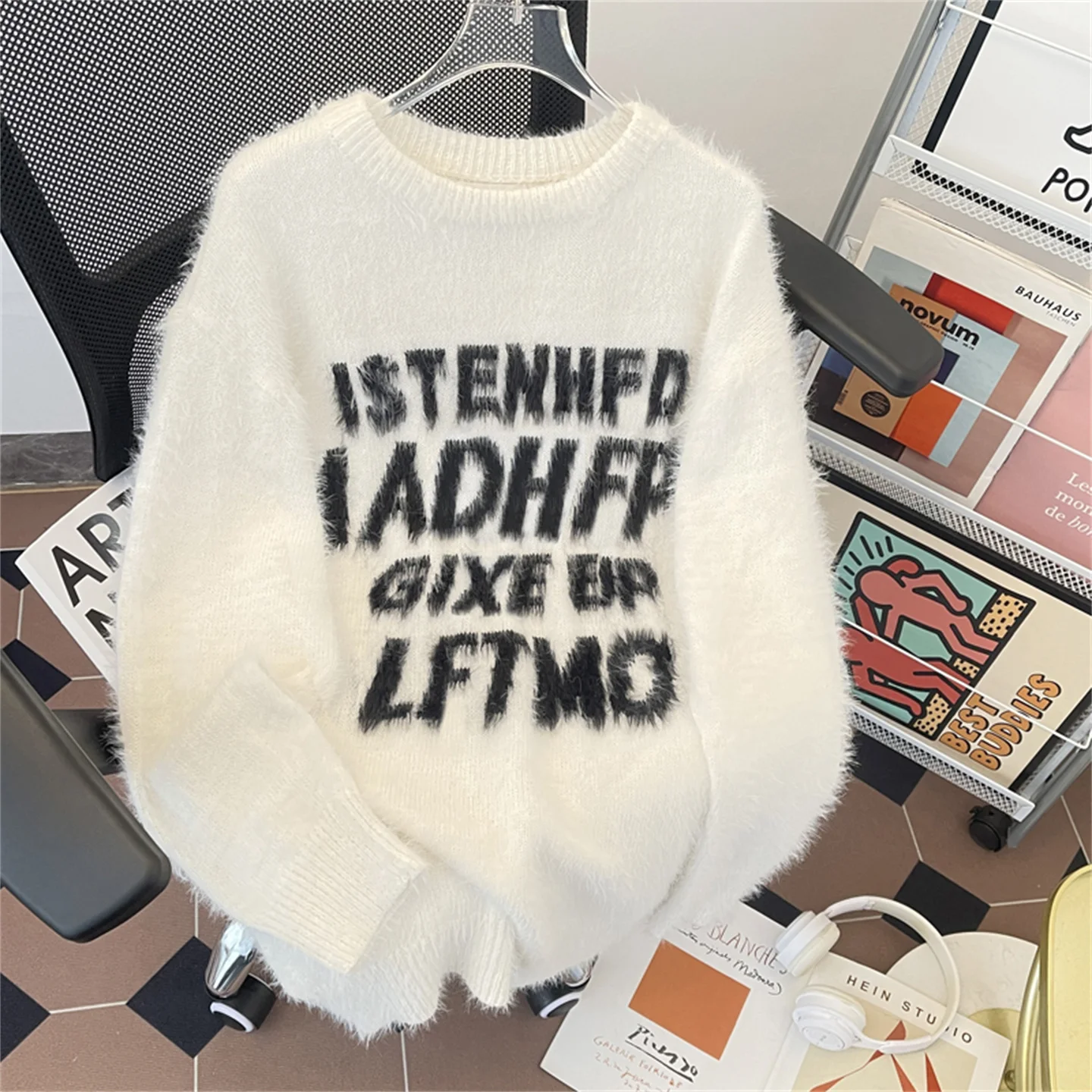 

Американский свитер унисекс из искусственного меха норки, свободный крой, уличный стиль, с принтом-надписью, вязаный топ для мужчин и женщин